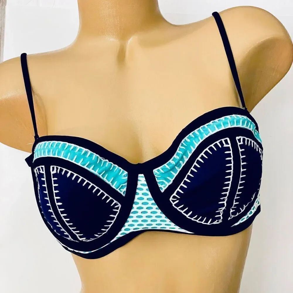 NWT BAR III L Blue, Green & White Stitch Convertible Halter,Strapless Bikini Top